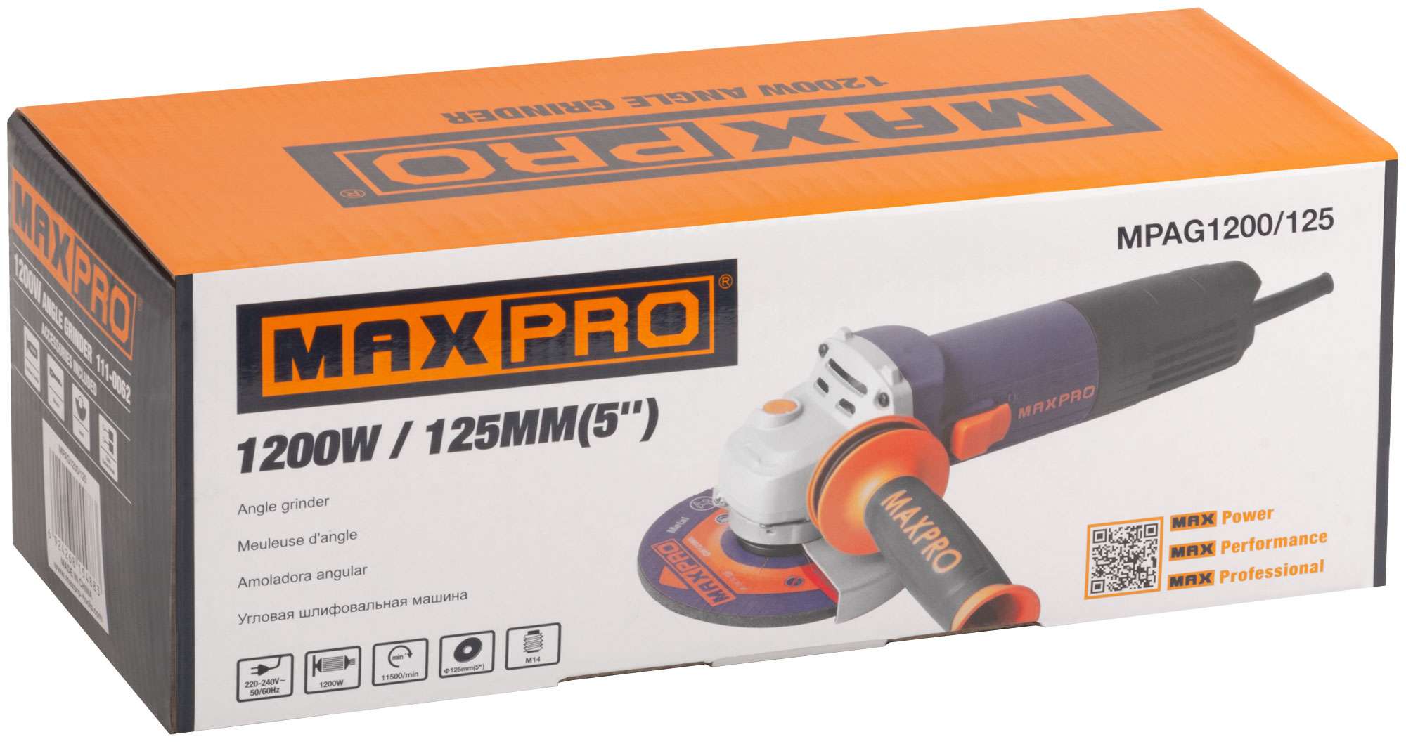 купить MAX-PRO Шлифмашина угловая 1200 Вт; 11500 об/мин; защитный кожух 125 мм; антивибрационная ручка; дополнительные щетки; 2,2 кг; кор.