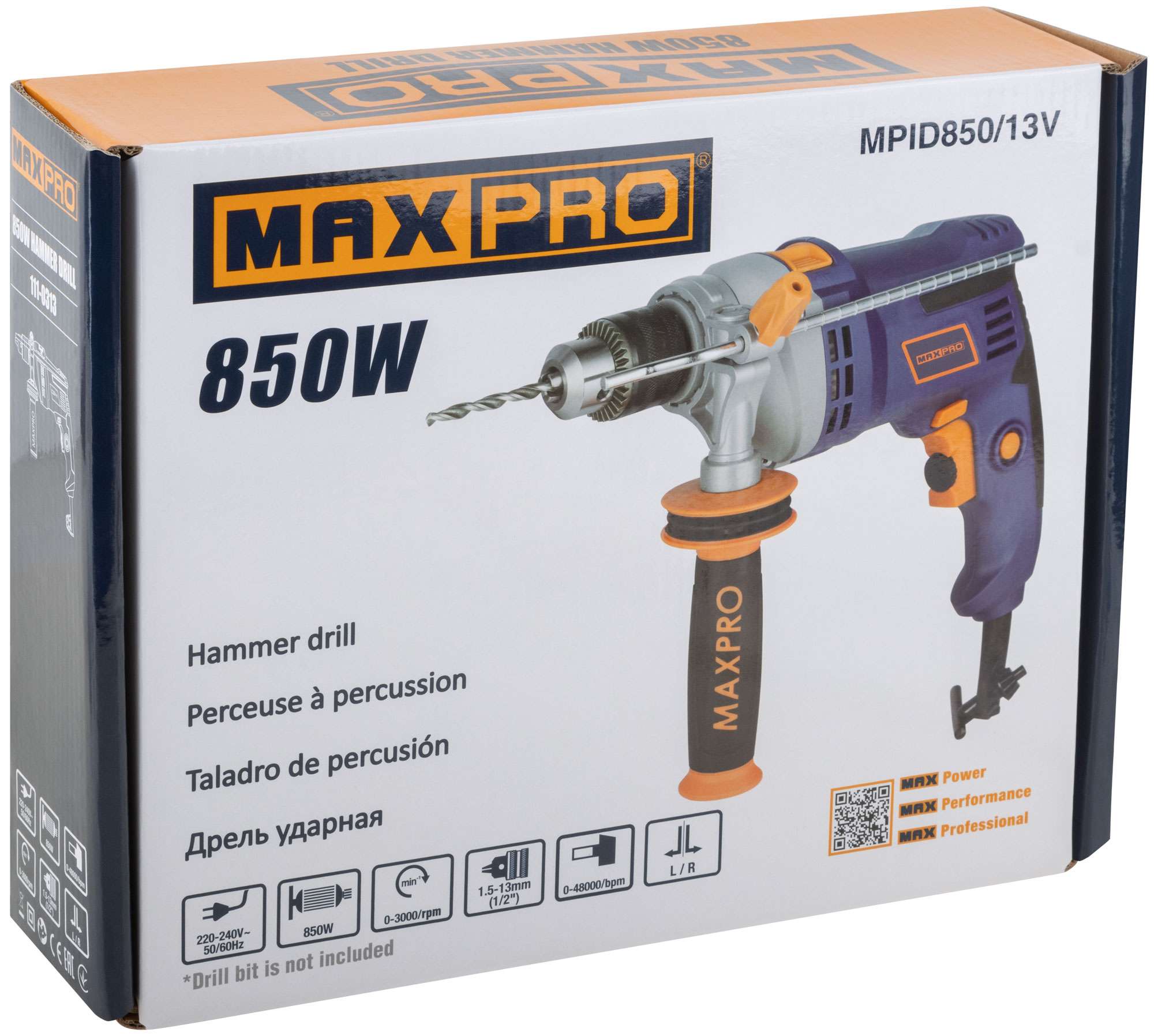 купить MAX-PRO Дрель ударная 850 Вт; 0-3000 об/мин; ключевой патрон 1,5-13 мм; 2,4 кг; антивибрационная ручка; меалл. корпус редуктора; резиновые вставки; ко