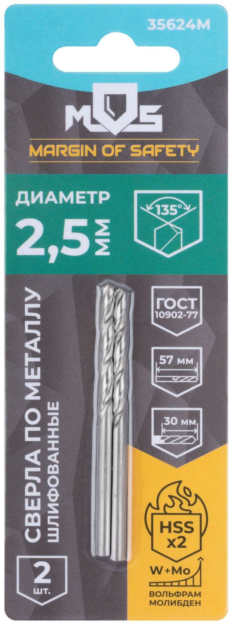 купить Сверла по металлу HSS шлифованные в блистере, угол заточки 135°, 2,5 x 57 мм (2 шт.)