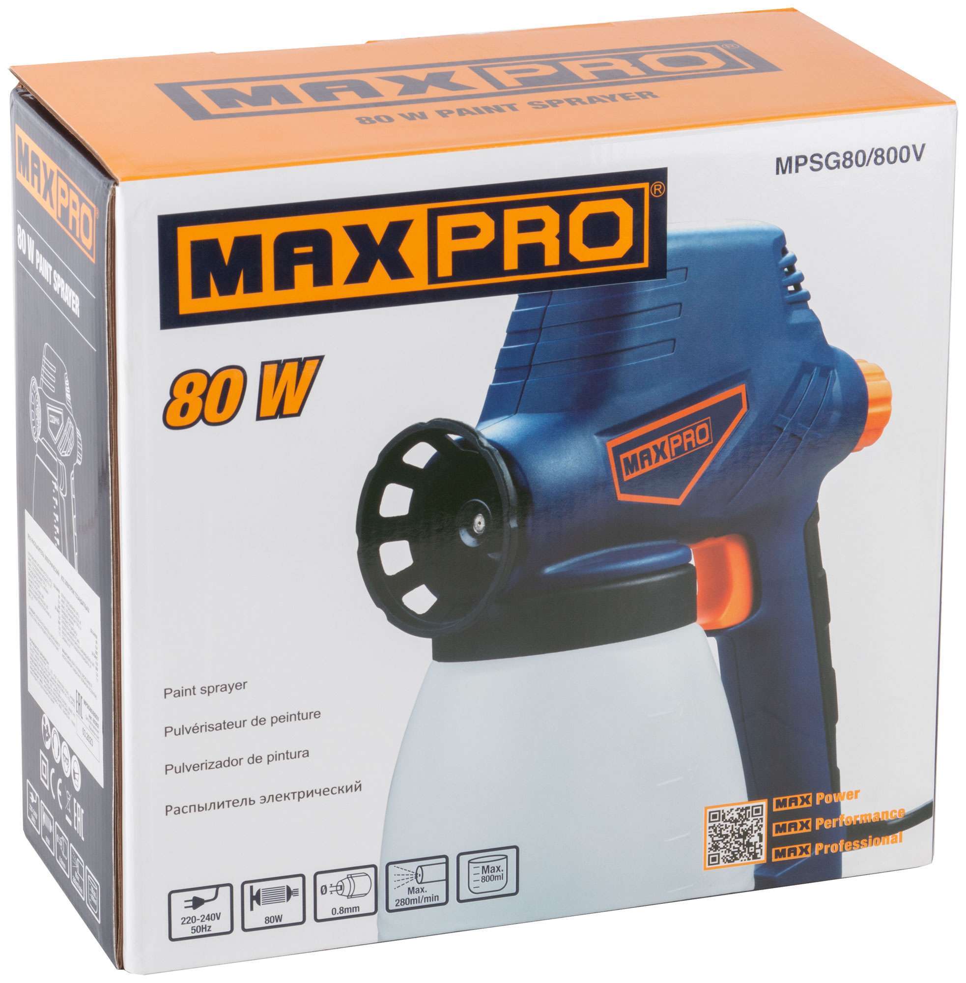 купить MAX-PRO Распылитель электрический 80 Вт; 0,8 мм; 800 мл; 30 din/сек; 280 мл/мин; 1,1 кг; коробка
