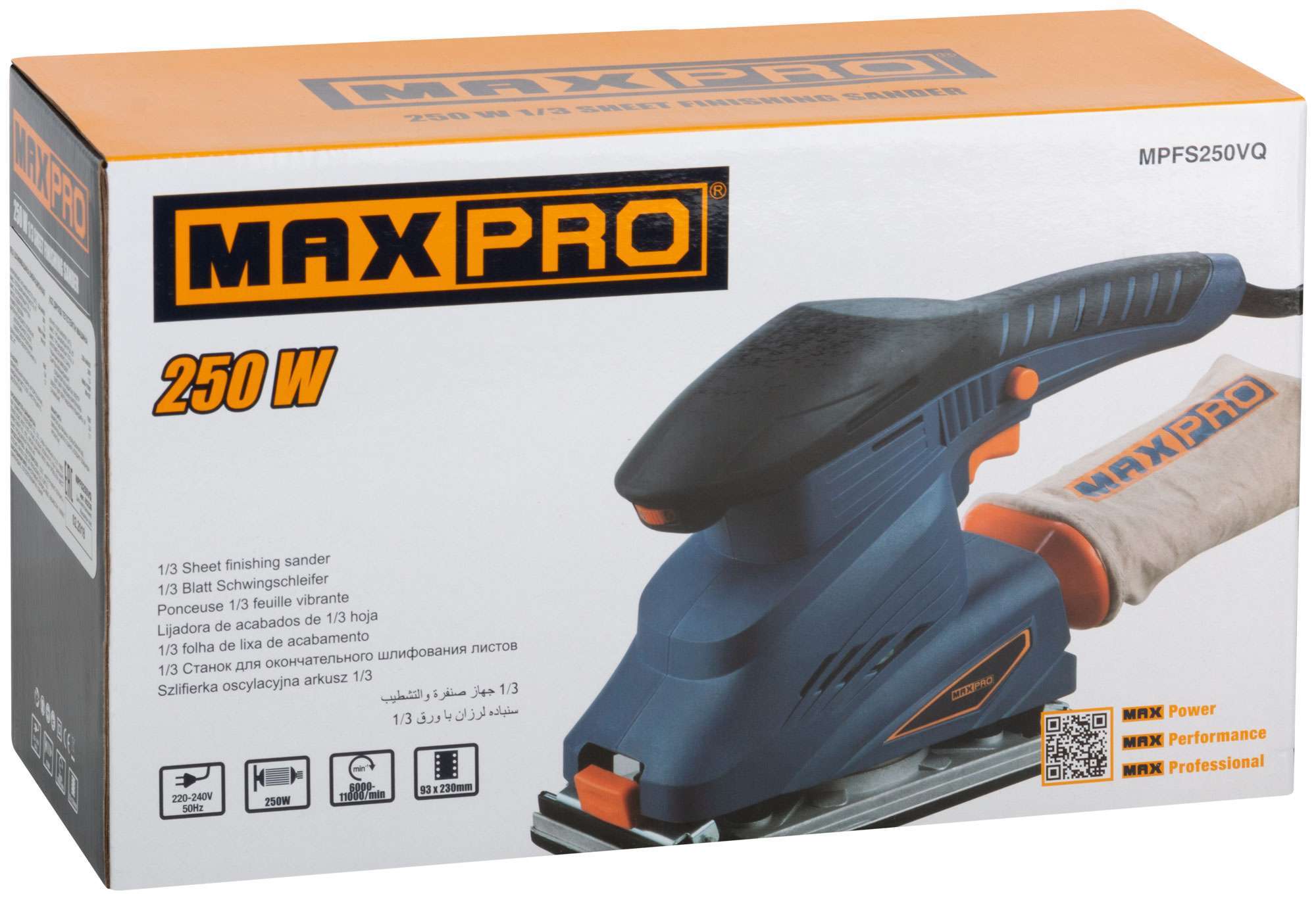 купить MAX-PRO Шлифмашина вибрационная 250 Вт; 6000-11000об/мин; 90x187мм; 1,7 кг; алюминиевая опора; зажим; резиновые вставки; кор.