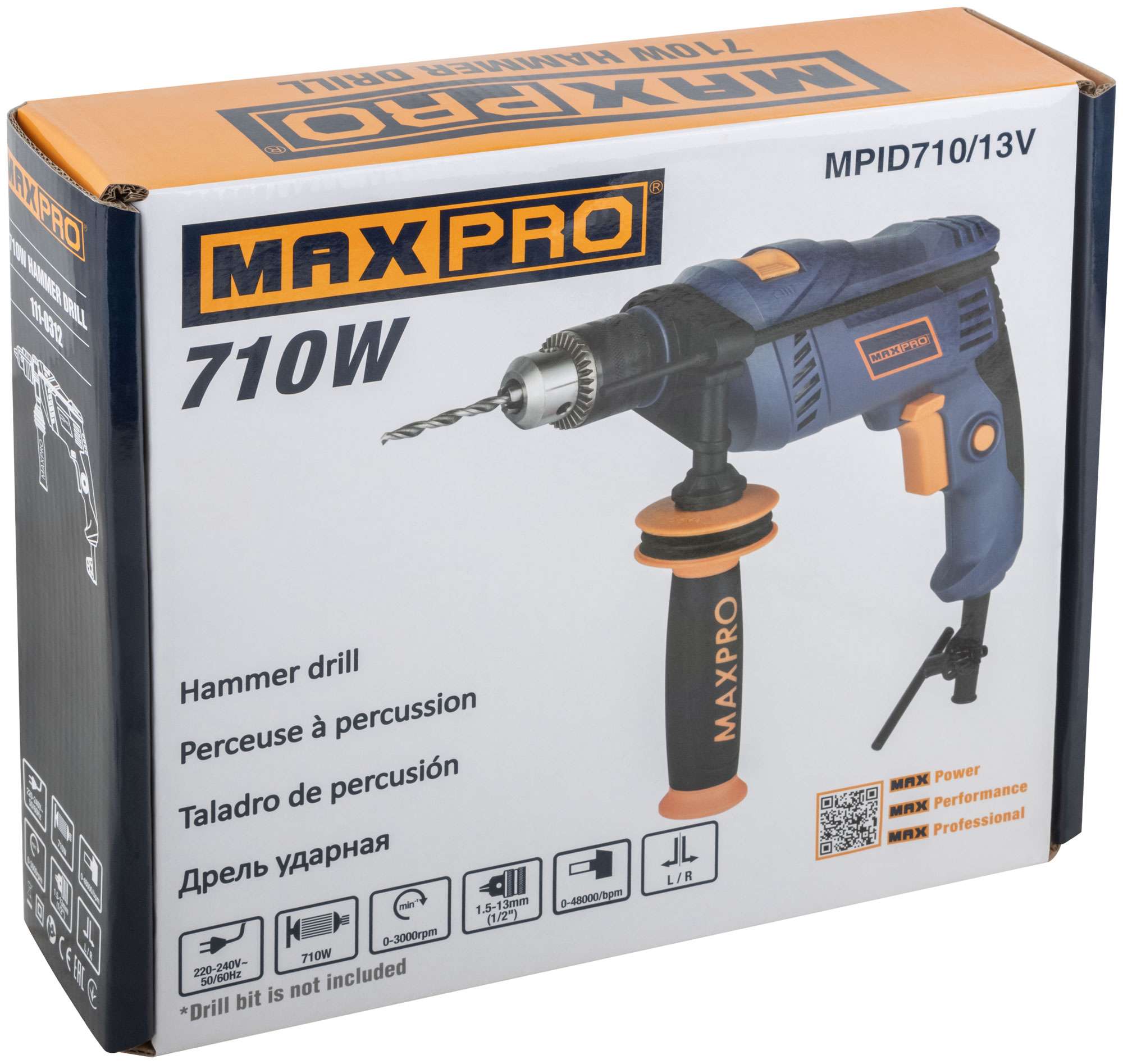 купить MAX-PRO Дрель ударная 710 Вт; 0-3000 об/мин; ключевой патрон 1,5-13 мм; 2 кг; антивибрационная ручка; резиновые вставки; кор.