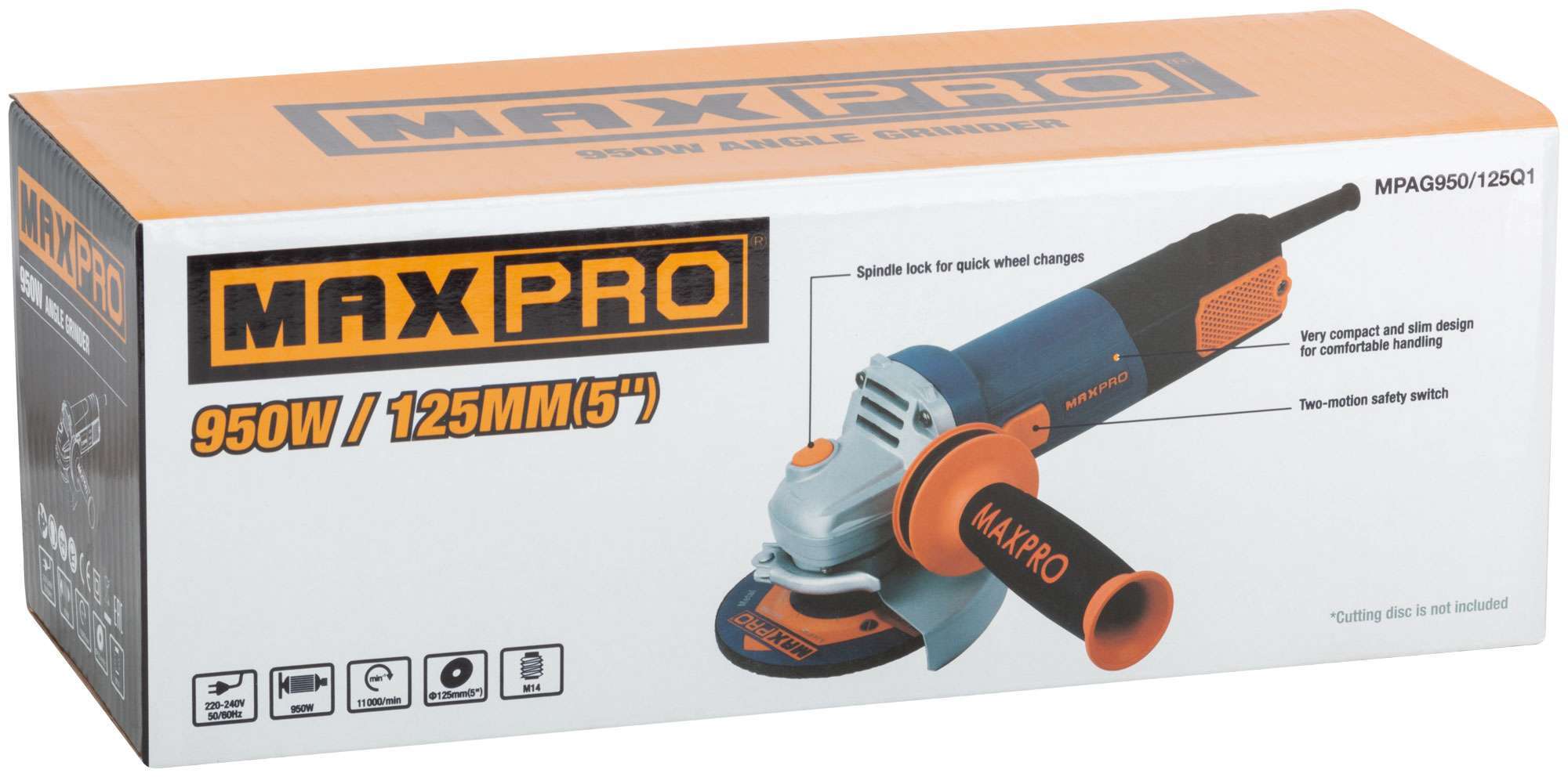 купить MAX-PRO Шлифмашина угловая 950 Вт; 11000 об/мин; быстрозажимной кожух 125 мм; антивибрационная ручка; дополнительные щетки; 2,1 кг; кор.
