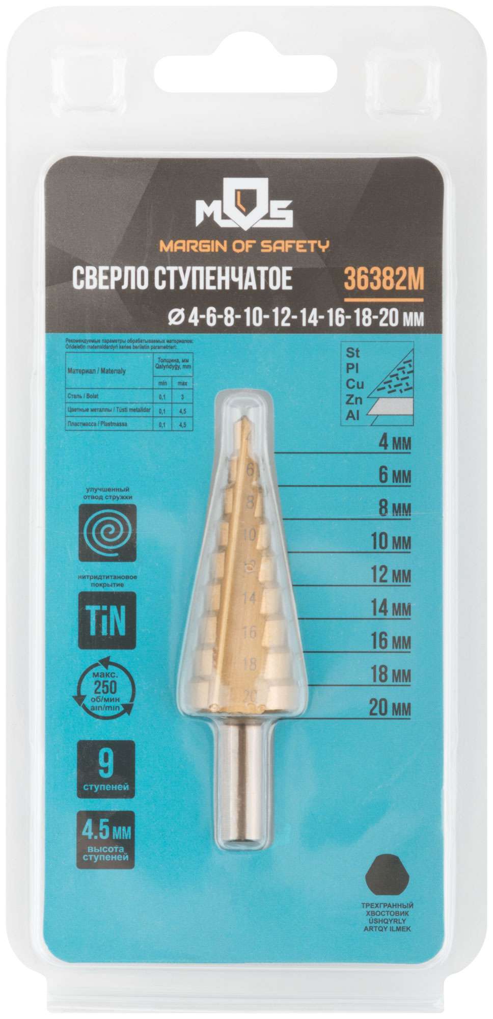 купить Сверло ступенчатое HSS по металлу, 9 ступеней, 4-20 мм
