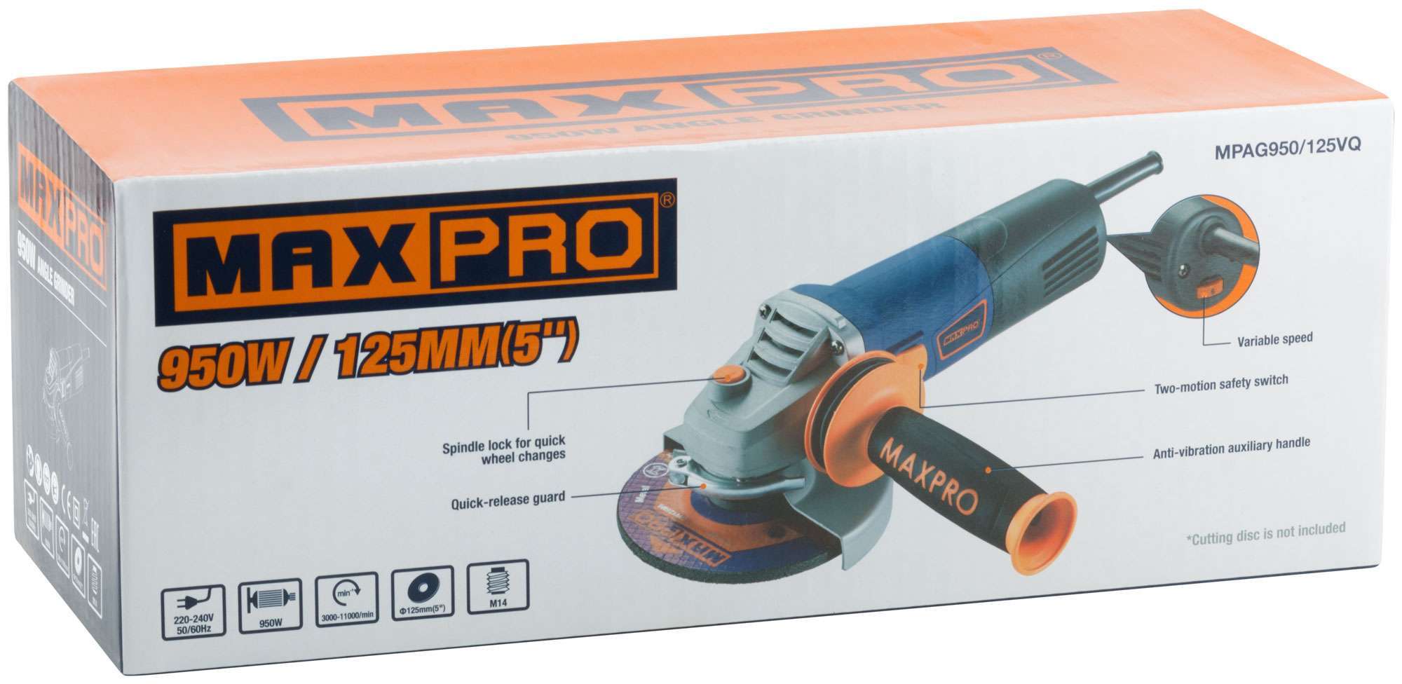 купить MAX-PRO Шлифмашина угловая 950 Вт; 3000-11000 об/мин; быстрозажимной кожух 125 мм; регулировка оборотов; антивибрационная ручка; дополнительные щетки;
