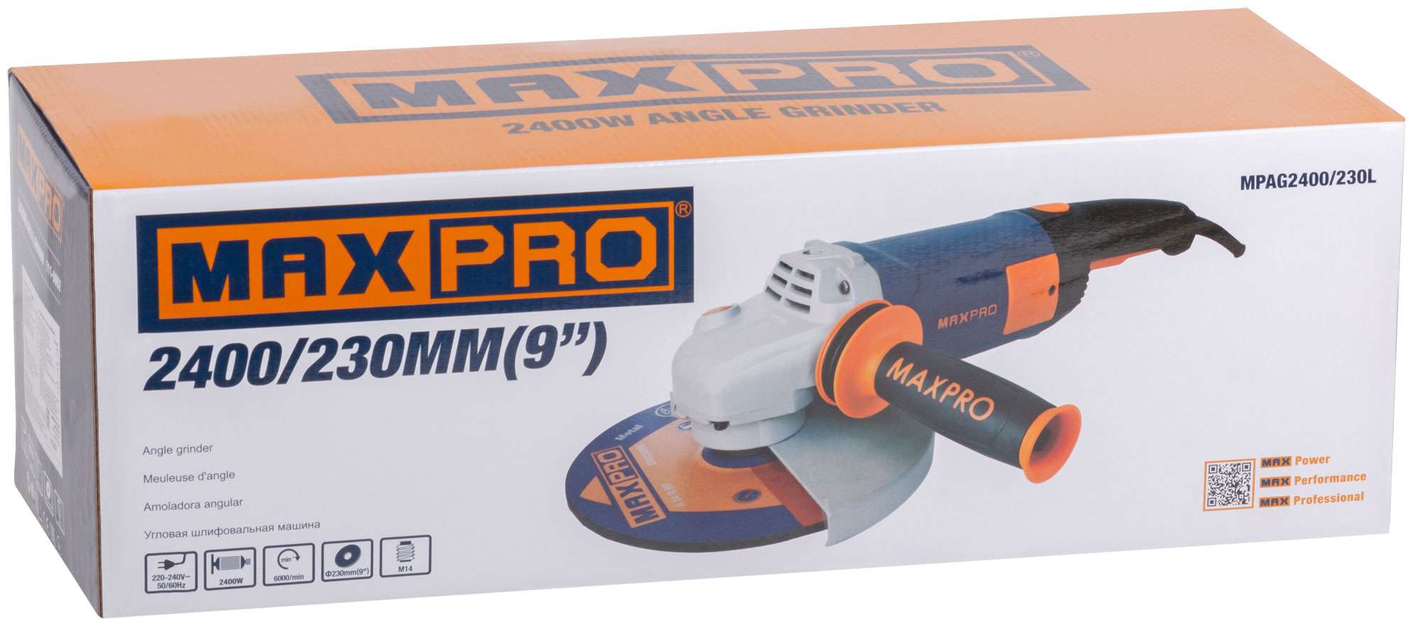 купить MAX-PRO Шлифмашина угловая 2400 Вт; 6000 об/мин; защитный кожух 230 мм; антивибрационная ручка; дополнительные щетки; плавный пуск; поворотная рукоятк
