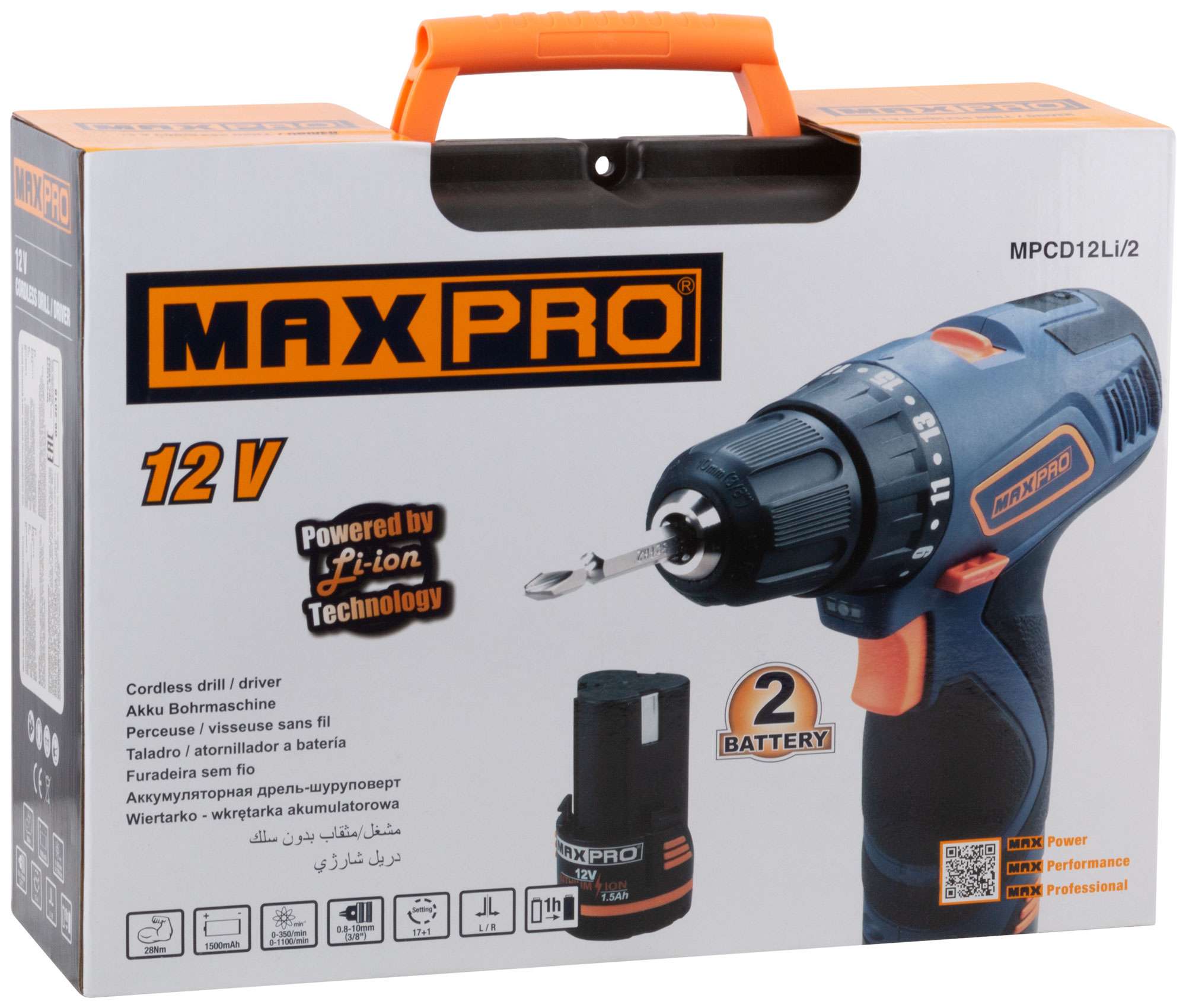 купить MAX-PRO Дрель-Шуруповерт аккумуляторная 12 В; 0-350/0-1100об/мин; 10мм; 30Нм; 2 батареи (SAMSUNG Li-Ion)х1,5Ач; 17+1; 1ч.; регулировка оборотов; резин