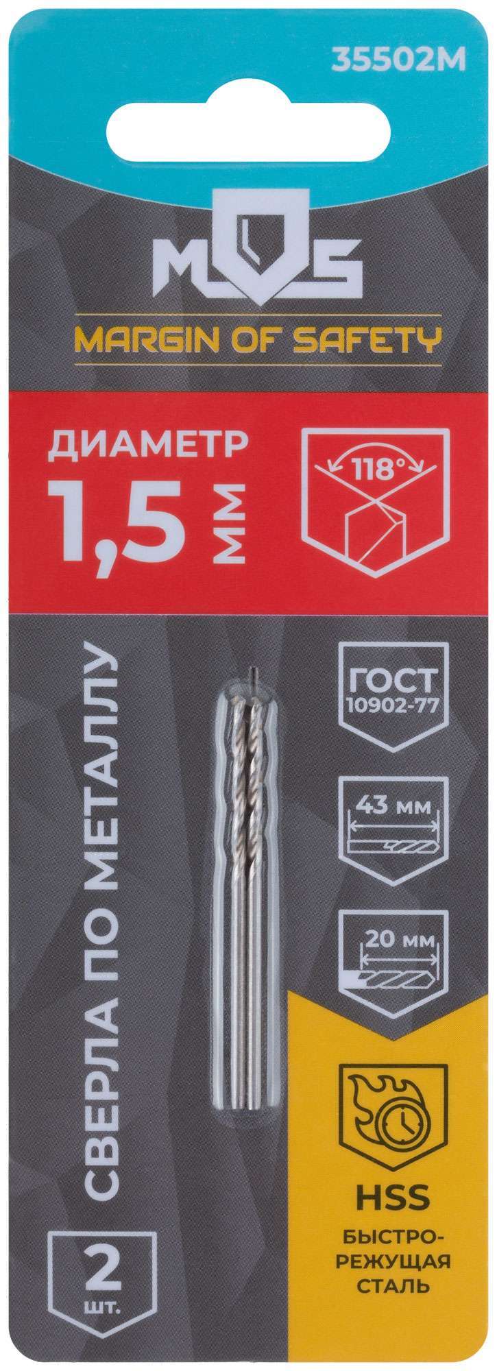 купить Сверла по металлу HSS в блистере, угол заточки 118°, 1,5 x 43 мм (2 шт.)