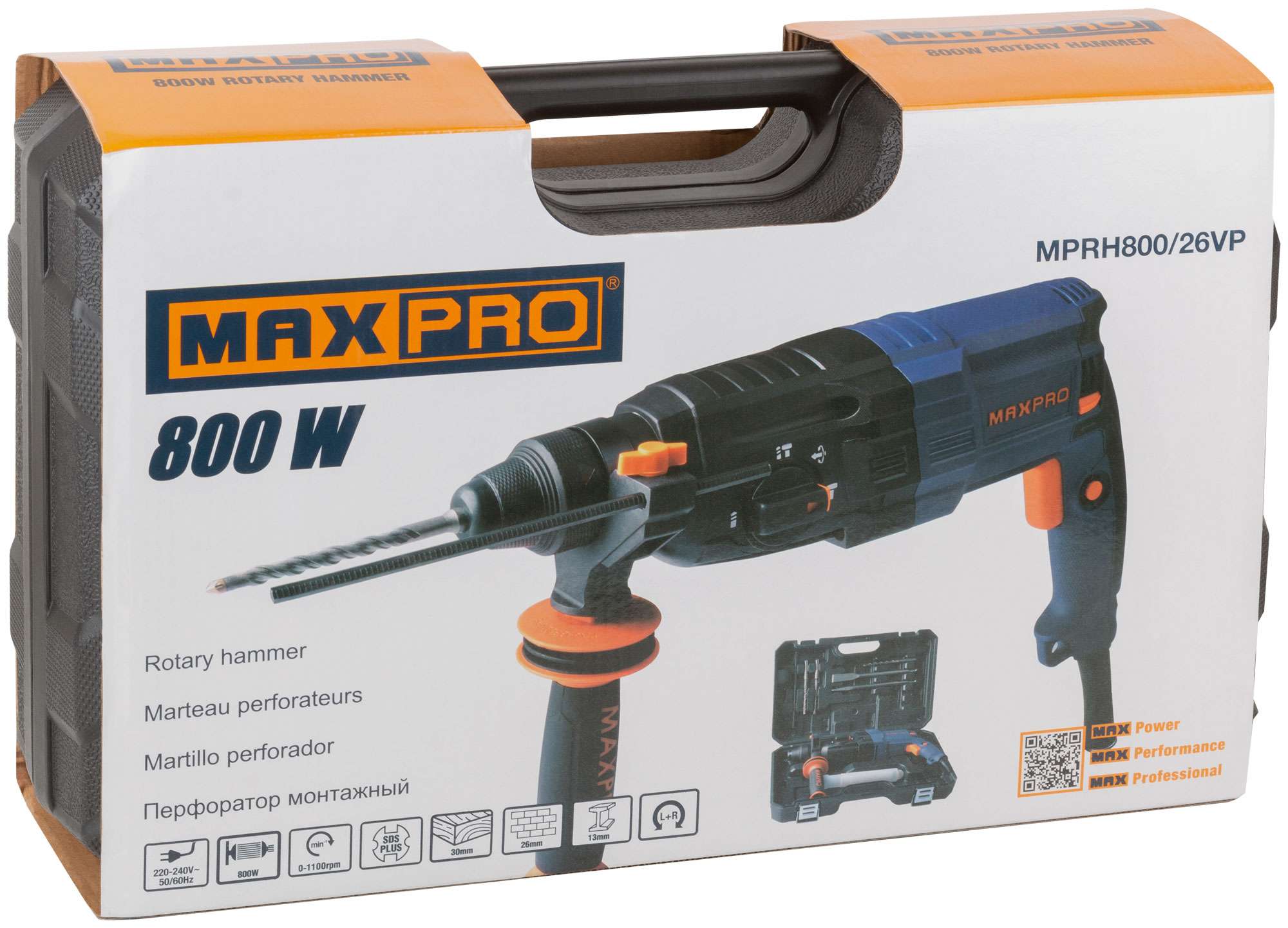 купить MAX-PRO Перфоратор монтажный 800 Вт; 0-1100 об/мин; 2,8 Дж; 3 режима; Д/Б/М-30/26/13; 3,4 кг; SDS-PLUS; антивибрационная ручка; резиновые вставки; рез