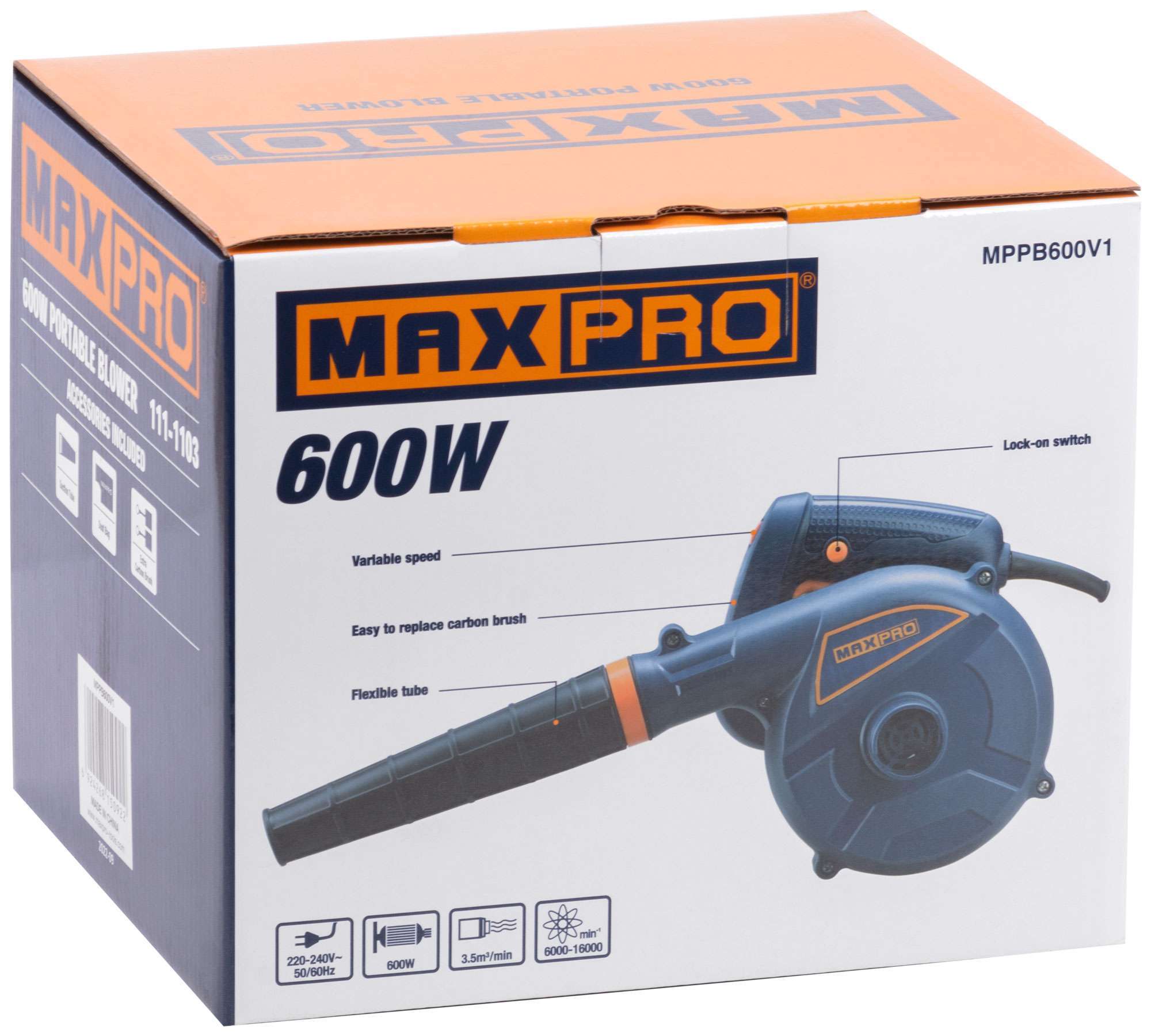 купить MAX-PRO Воздуходувка-пылесос 600 Вт; 6000-16000 об/мин; 3500 л/мин; 1,5 кг; дополнительные щетки; коробка