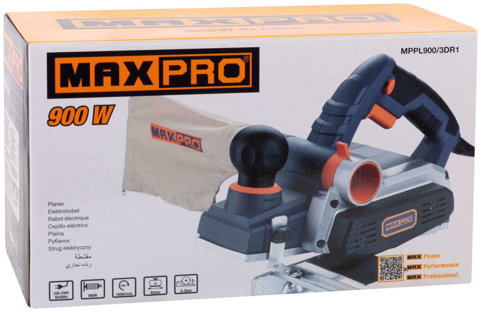 купить MAX-PRO Рубанок электрический 900 Вт; 16000 об/мин; 82 мм; рез 0-3 мм; паз 0-16 мм; 3,2 кг; защ. пятка; резиновые вставки; пылесборник; дополнительные