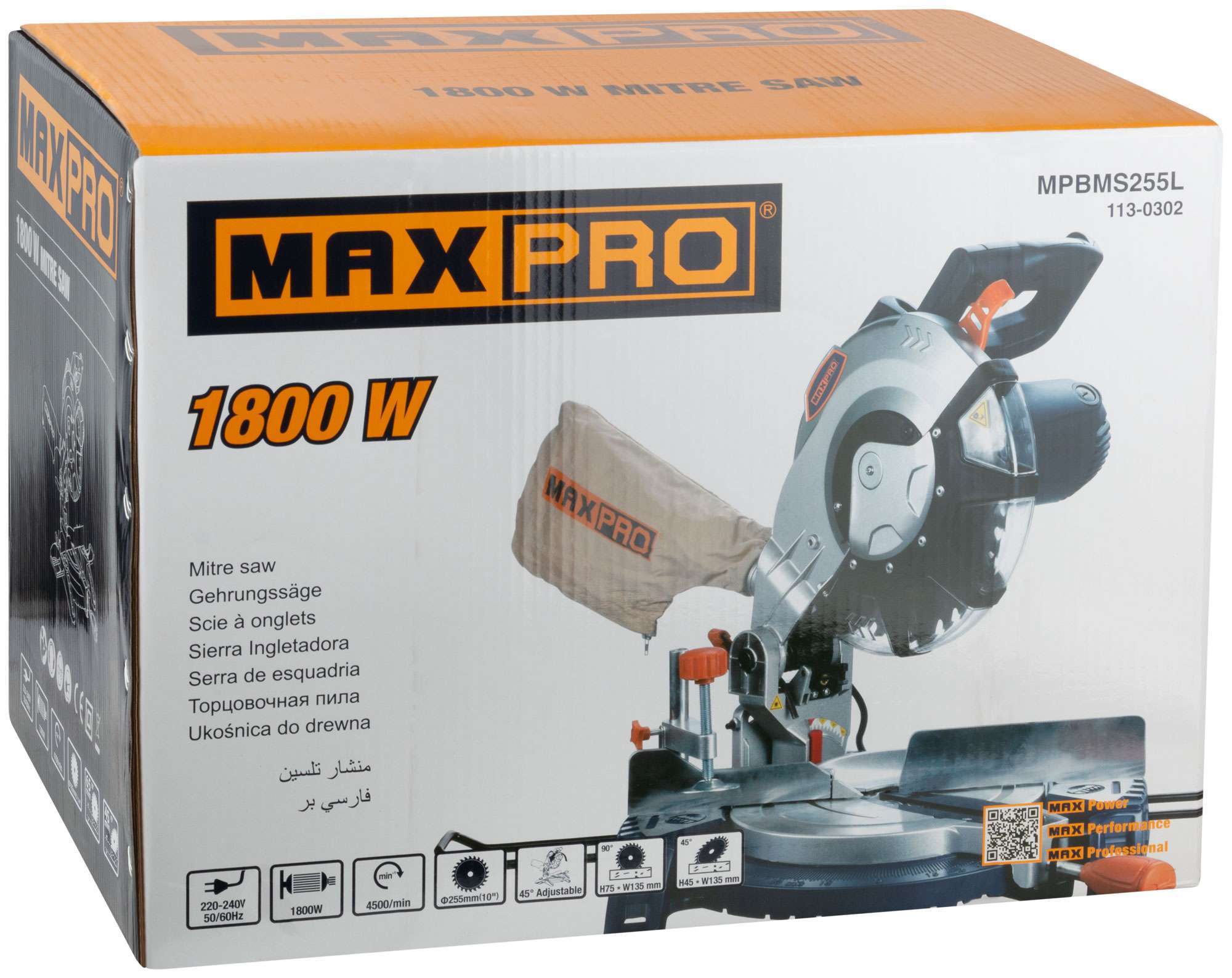 купить MAX-PRO Пила торцовочная 1800 Вт; 4500 об/мин; лазер; 255/25,4 мм; резиновый кабель; левый наклон; дополнительные щетки; 10,1 кг; коробка